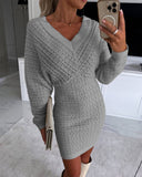V-Neck Hollow Out Long Sleeve Knit Dress