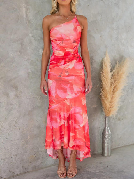 Aurohaya Beautiful Casual Off-Shoulder Floral Print Elastic Slim Irregular Maxi Dress