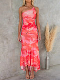 Beautiful Casual Off-Shoulder Floral Print Elastic Slim Irregular Maxi Dress