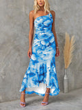 Beautiful Casual Off-Shoulder Floral Print Elastic Slim Irregular Maxi Dress