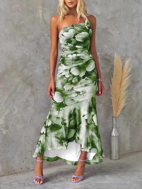 Aurohaya Beautiful Casual Off-Shoulder Floral Print Elastic Slim Irregular Maxi Dress Olive Green