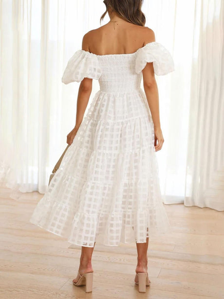 Aurohaya Fashionable One-Shoulder Chiffon Puff Sleeve Swing Midi Dress