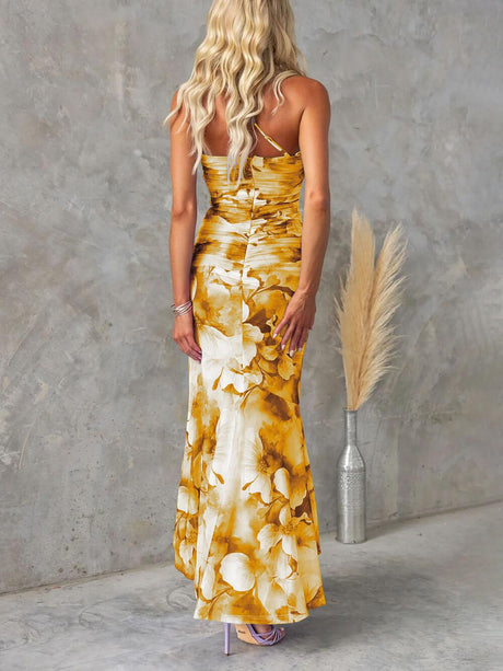 Aurohaya Beautiful Casual Off-Shoulder Floral Print Elastic Slim Irregular Maxi Dress