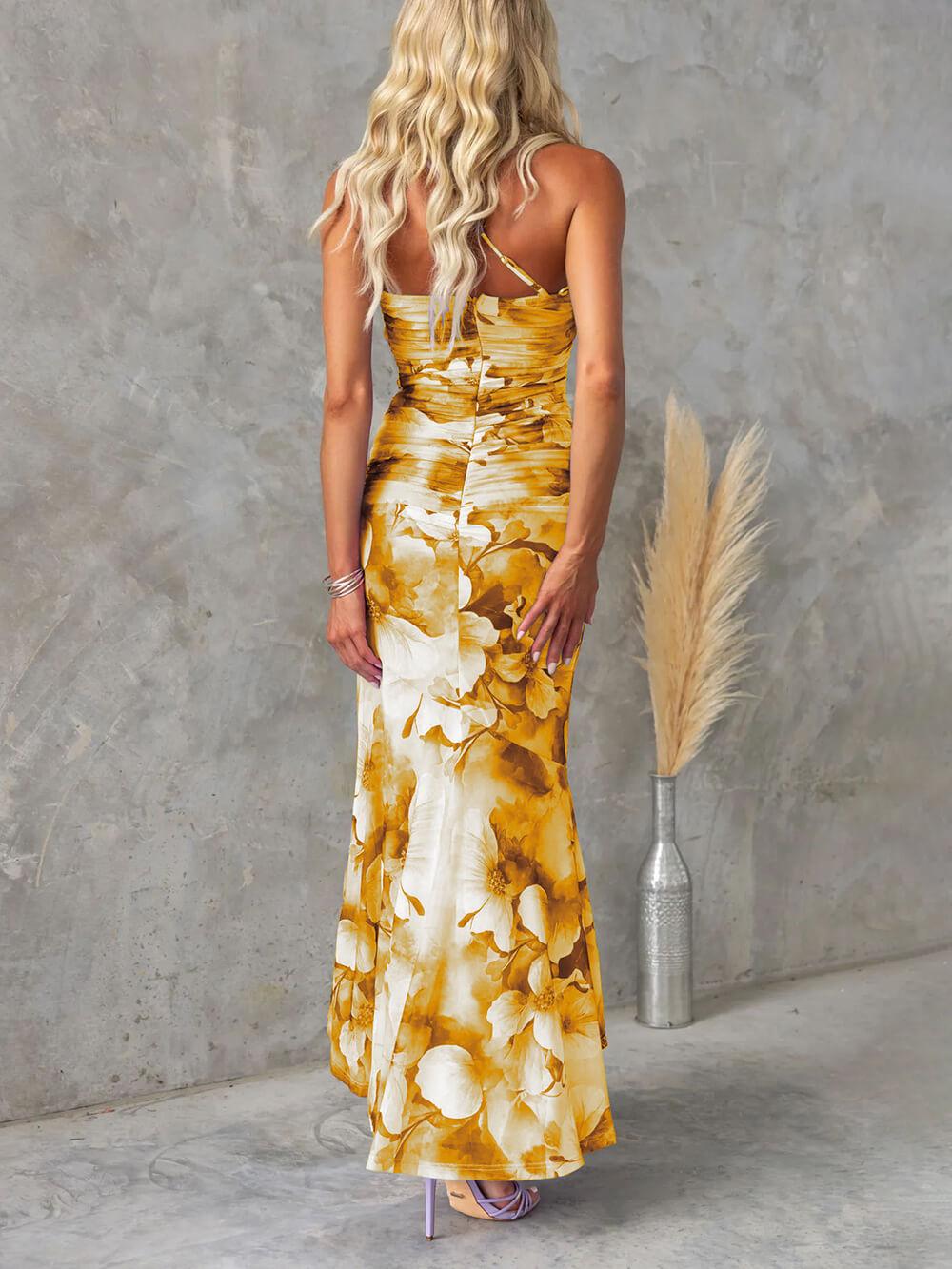 Aurohaya Beautiful Casual Off-Shoulder Floral Print Elastic Slim Irregular Maxi Dress