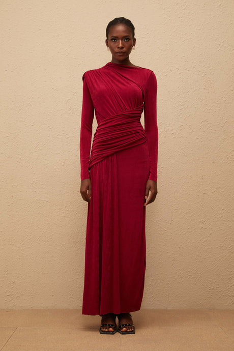 Aurohaya Charme Red Ruched Maxi Dress