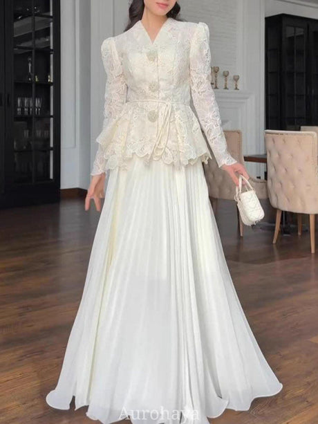 Aurohaya Long Sleeve Maxi Dress Set — Lace Peplum Top & Flowing Skirt White
