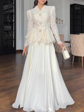 Aurohaya Long Sleeve Maxi Dress Set — Lace Peplum Top & Flowing Skirt White