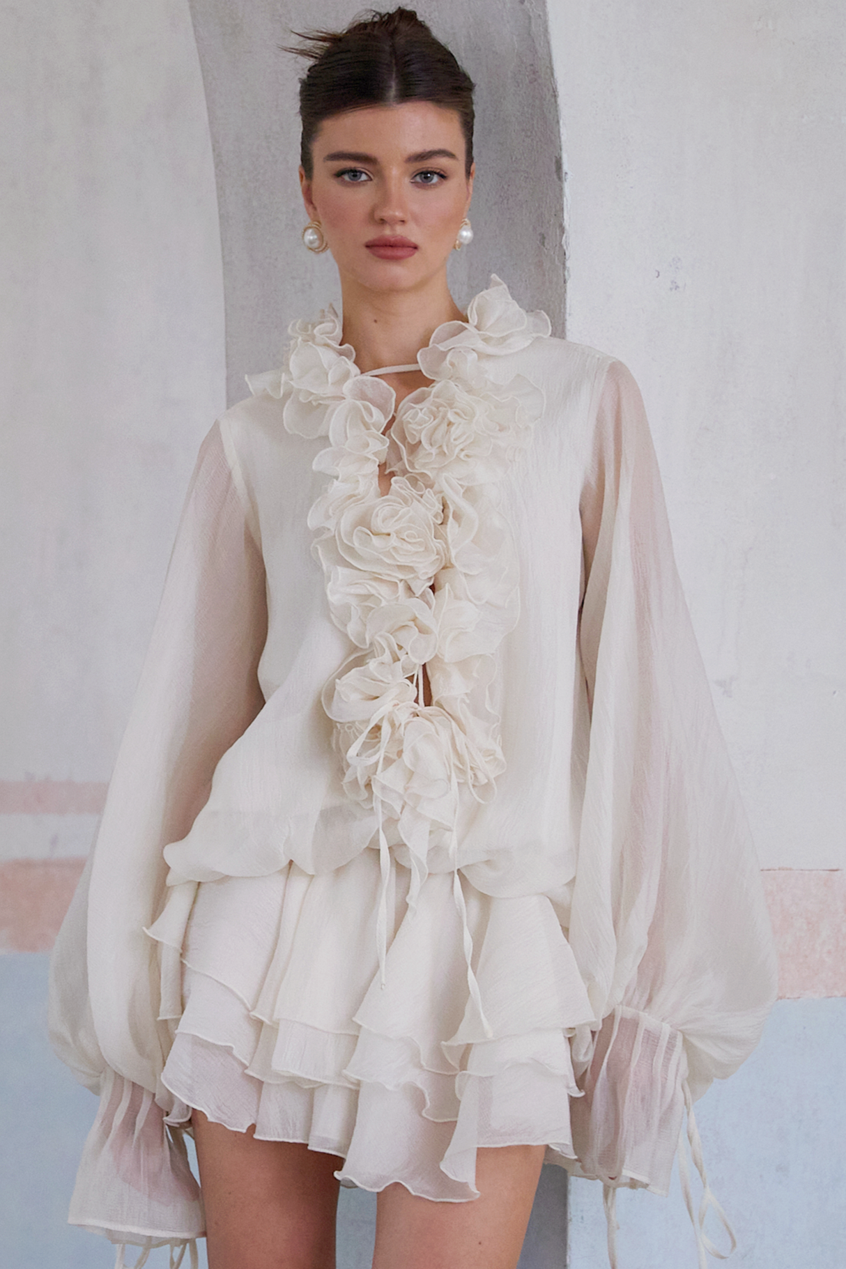 Aurohaya Zéphyrine floral-appliqué tiered mini dress in Neutrals