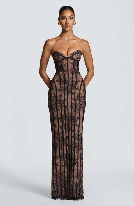 Aurohaya Constance Strapless Lace Maxi Dress Black
