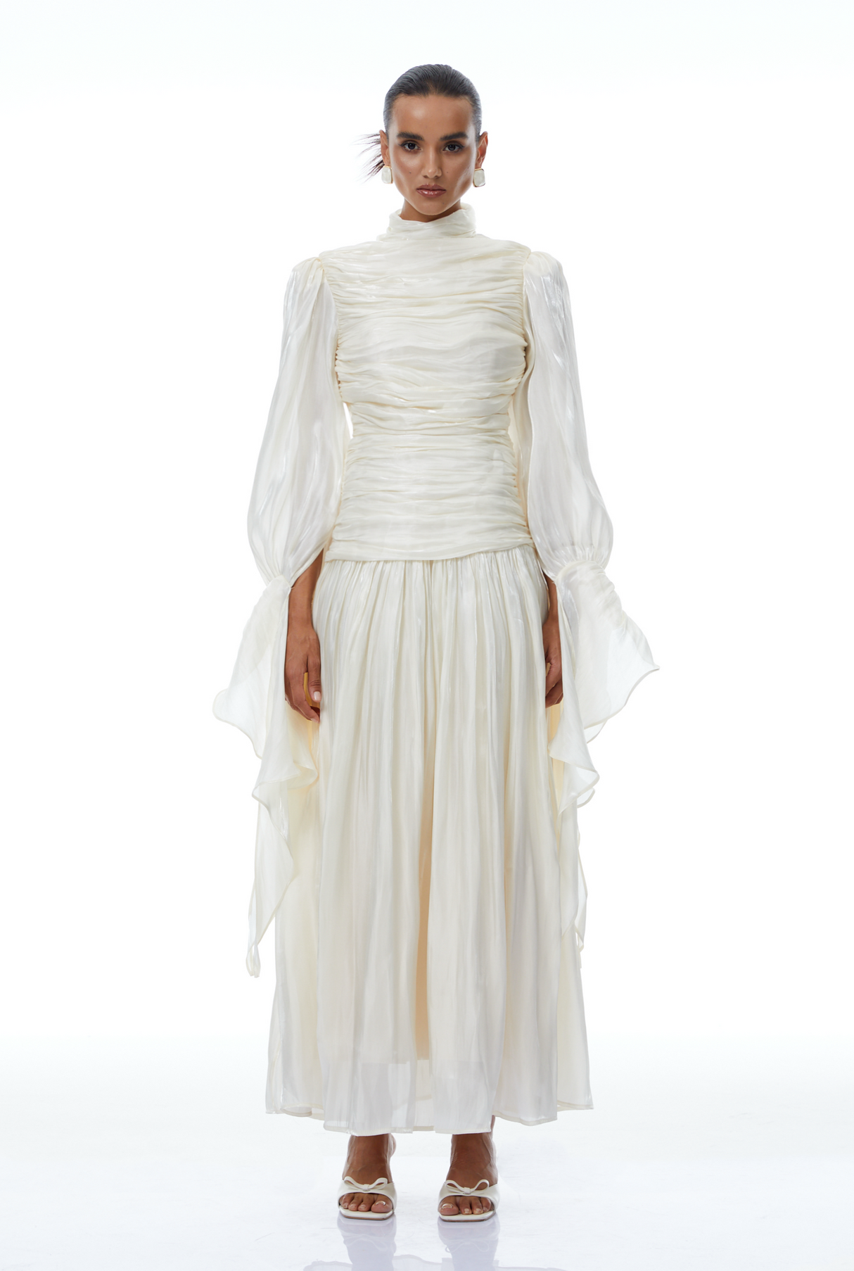 Aurohaya Sarolta Neutral Glossy Ruched Maxi Dress