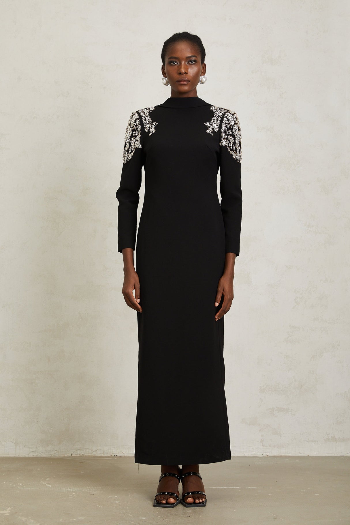 Aurohaya Lidia Black Open Back Embellished Maxi Dress