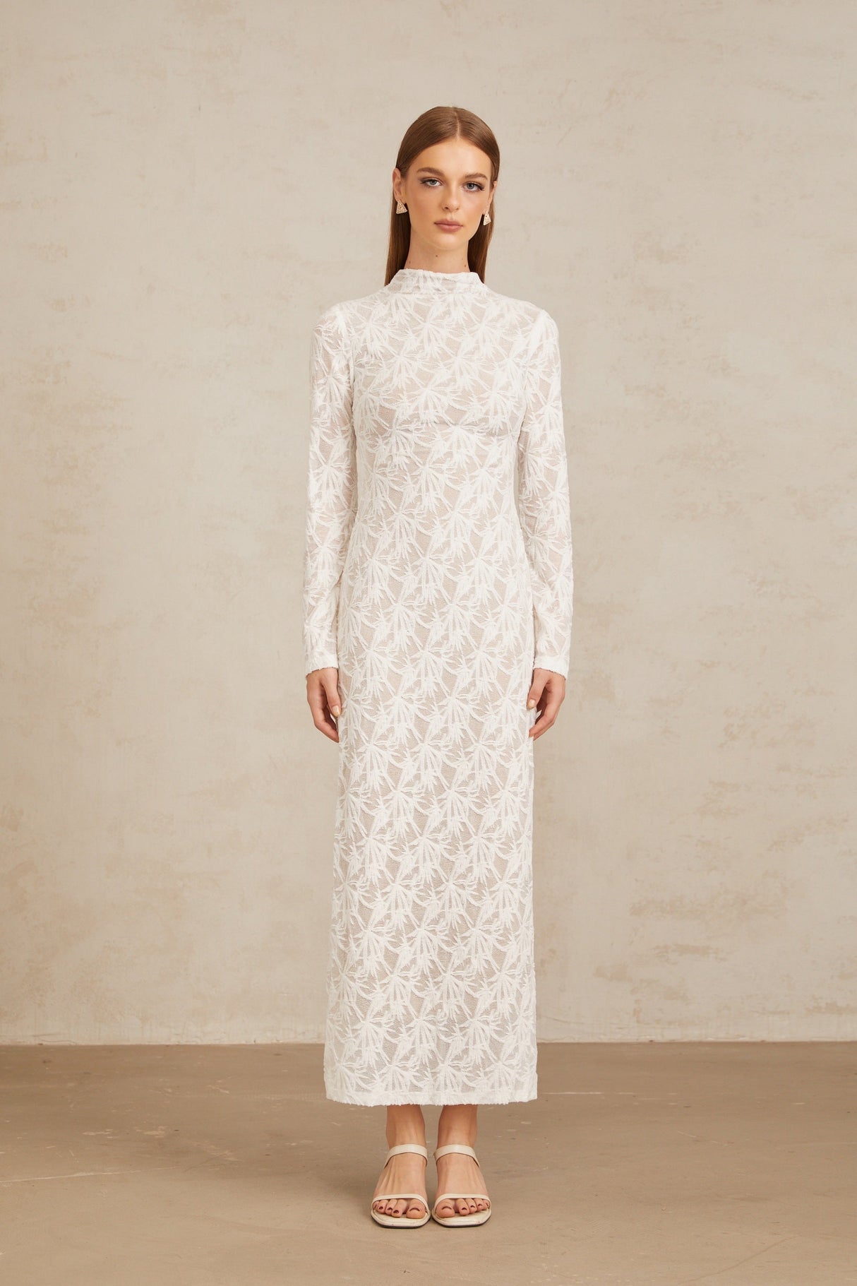 Aurohaya Xavière White Floral Crochet Knit Maxi Dress