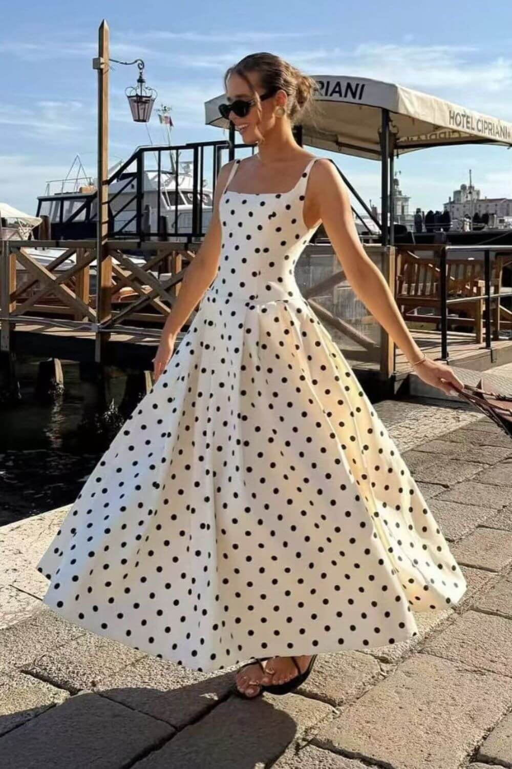 Aurohaya Madeleine Polka Dot Square Neck A-Line Midi Dress