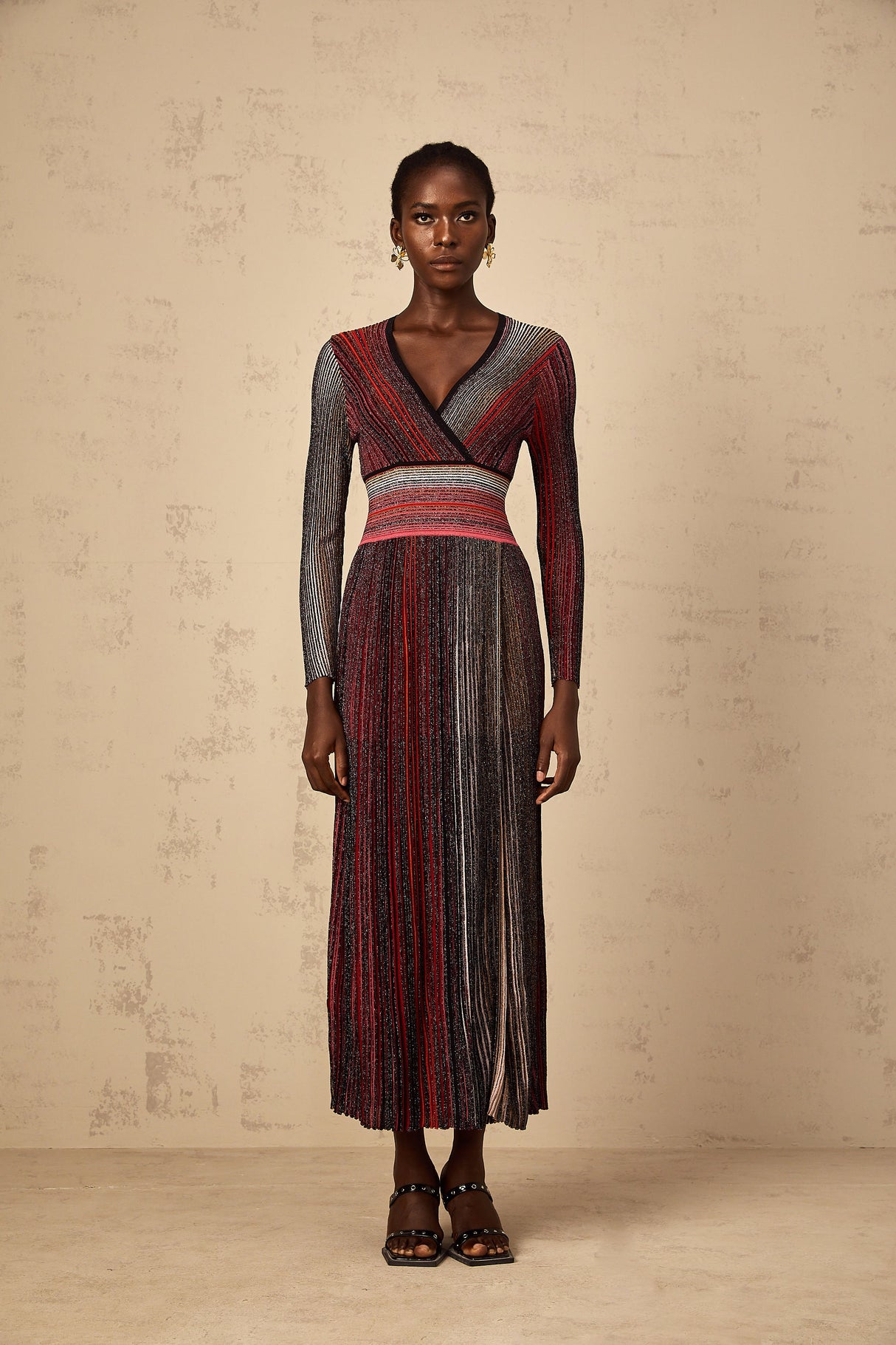 Aurohaya Amaryllis Red Long Sleeve Sequin Striped Knit Maxi Dress