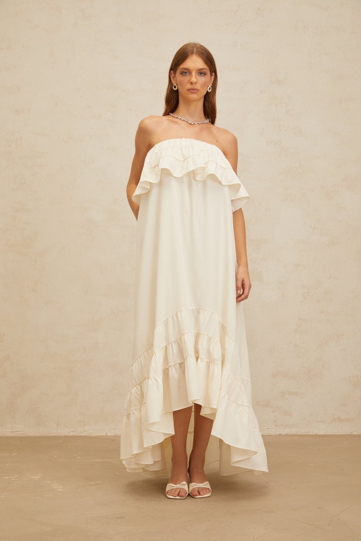 Aurohaya Bénédicte White Vibrant Off Shoulder Shirred Maxi Dress