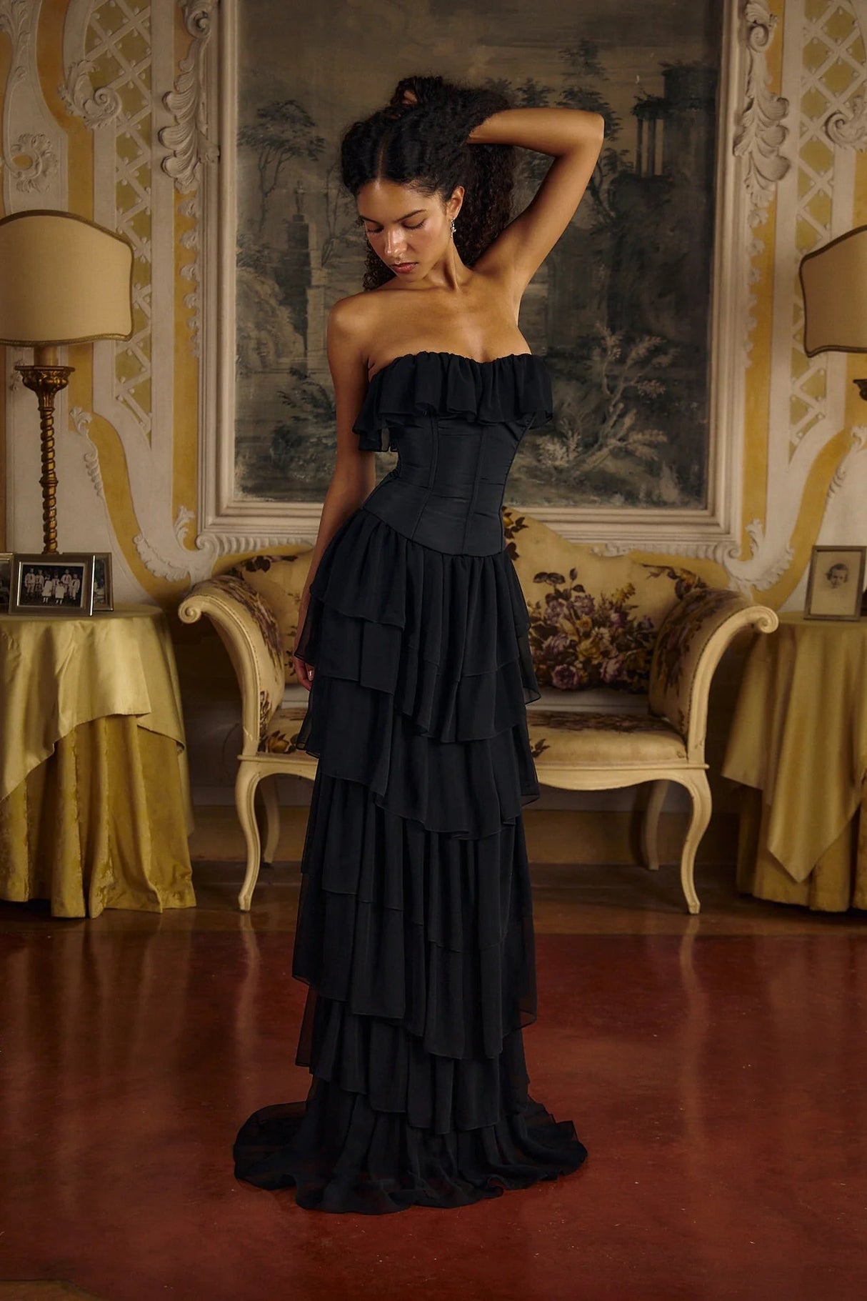 Aurohaya Justine Strapless Tiered Maxi Dress Black