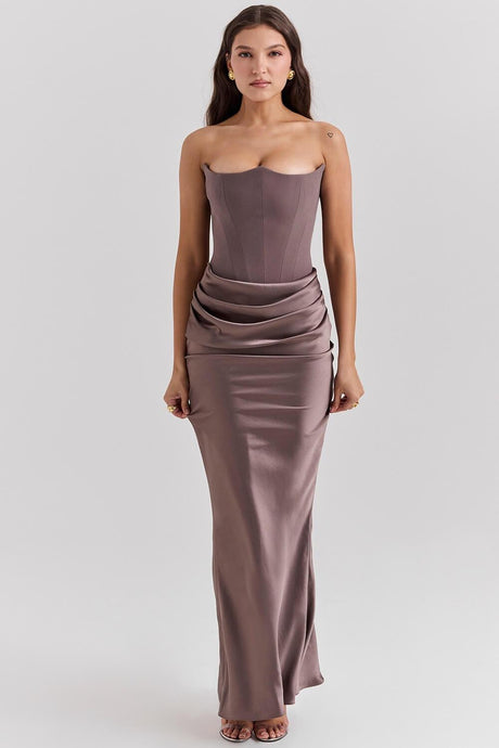 Aurohaya Vianne Off-Shoulder Corset Maxi Dress Brown