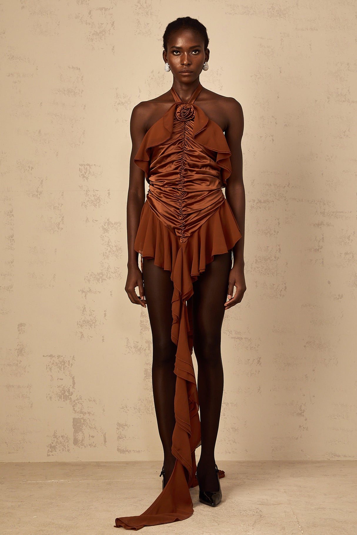 Aurohaya Léonie brown floral-appliqué ruched mini dress