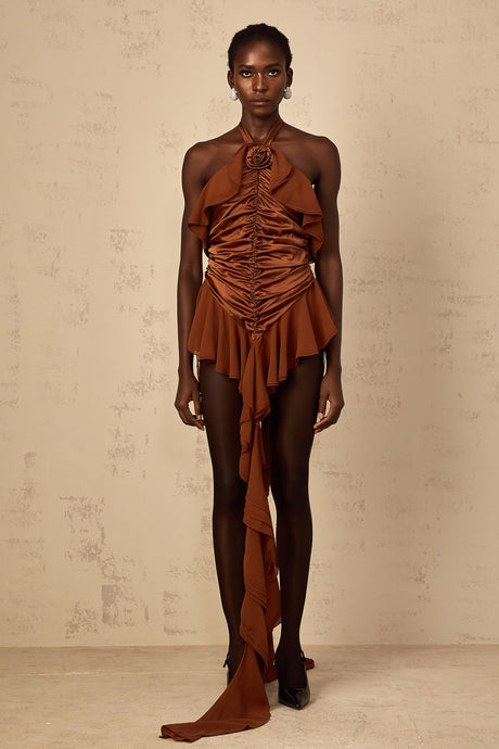 Aurohaya Léonie brown floral-appliqué ruched mini dress