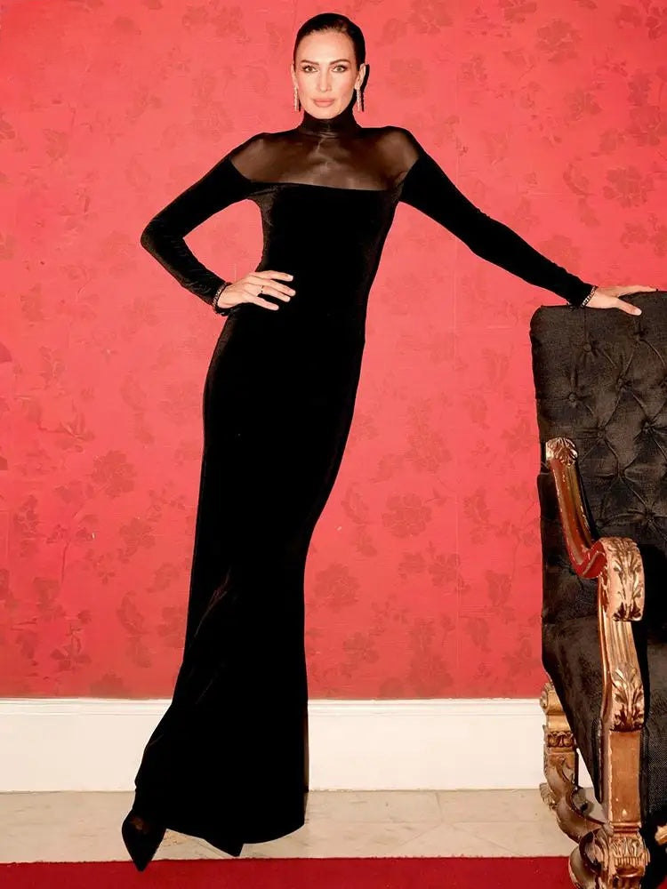 Aurohaya Philomène Velvet Long Sleeve Evening Maxi Dress