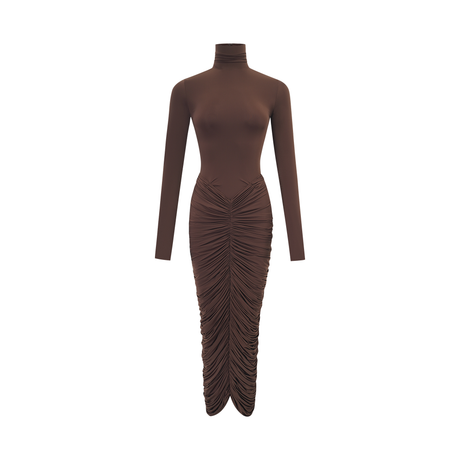 Aurohaya Charitina Brown Fitted Ruched Midi Dress
