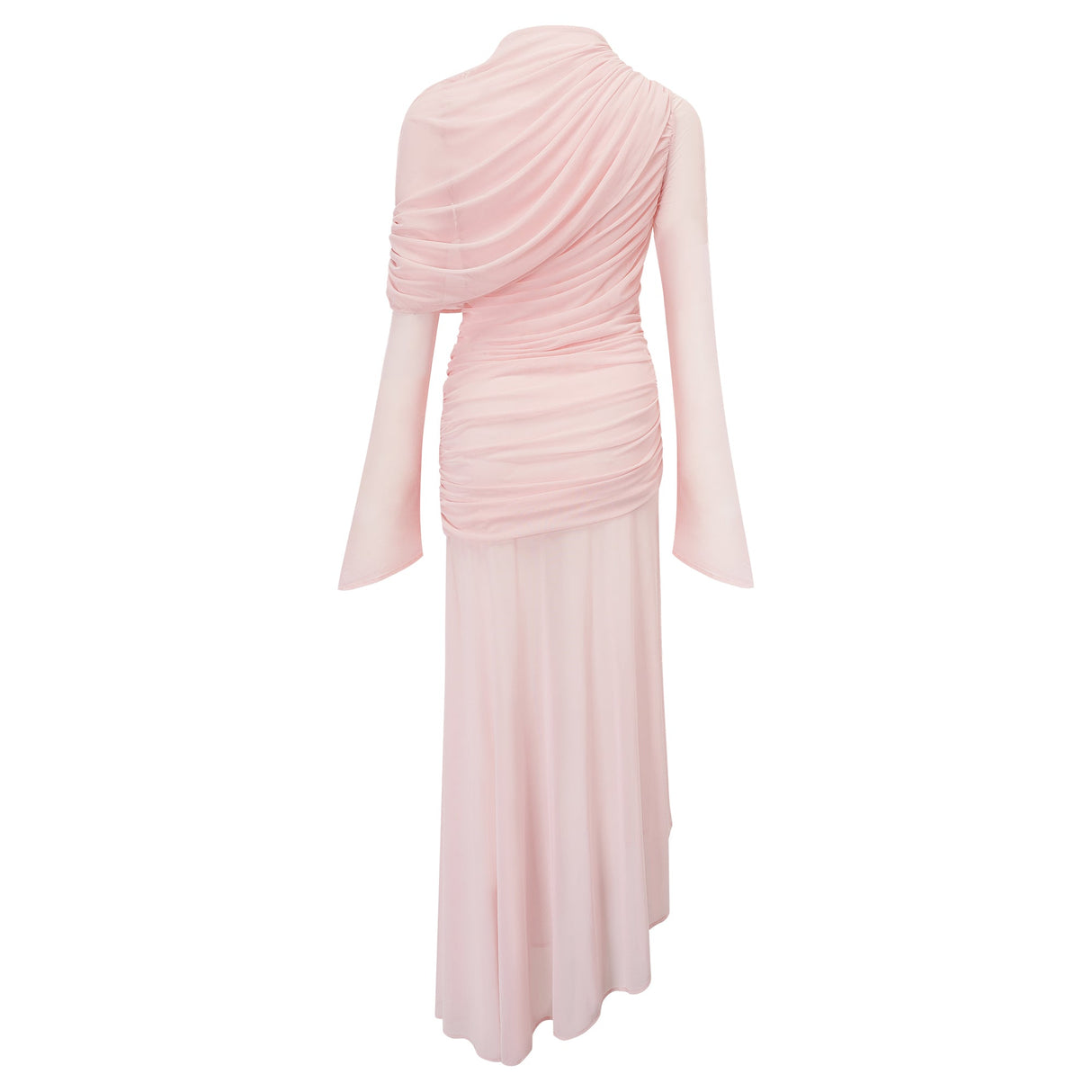 Aurohaya Garance Pink Asymmetrical Ruched Mesh Maxi Dress