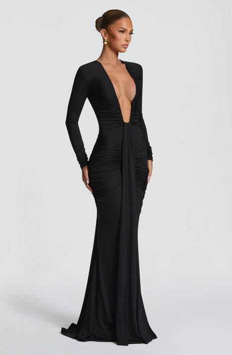 Aurohaya Eléonore Deep Plunge Ruched Mermaid Maxi Dress