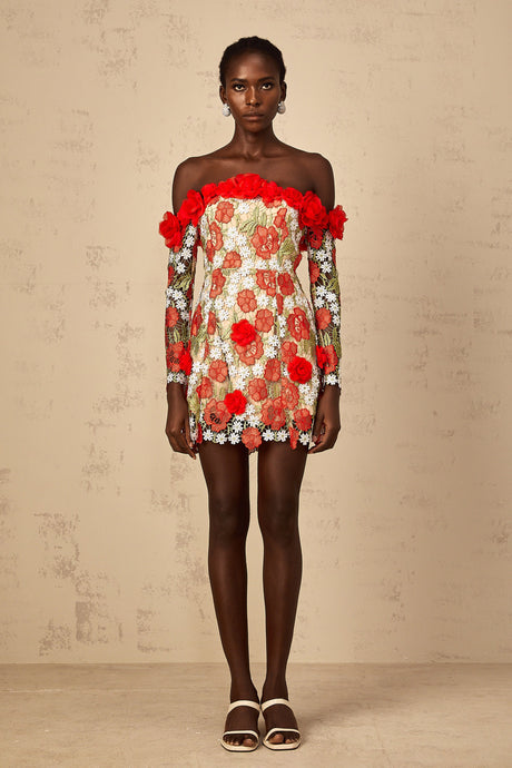 Aurohaya Anaya Red Rose Appliqué Embroidered Mini Dress