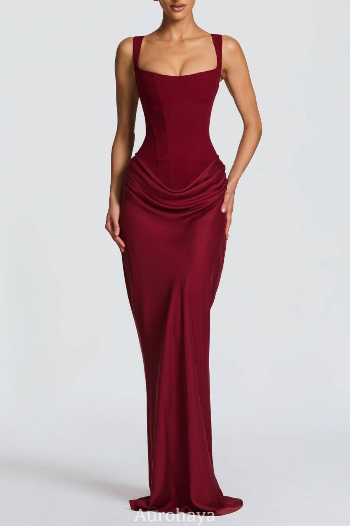 Aurohaya Corset Maxi Dress Square Neck - Boned Crepe Bodice & Cowl Skirt Burgendy