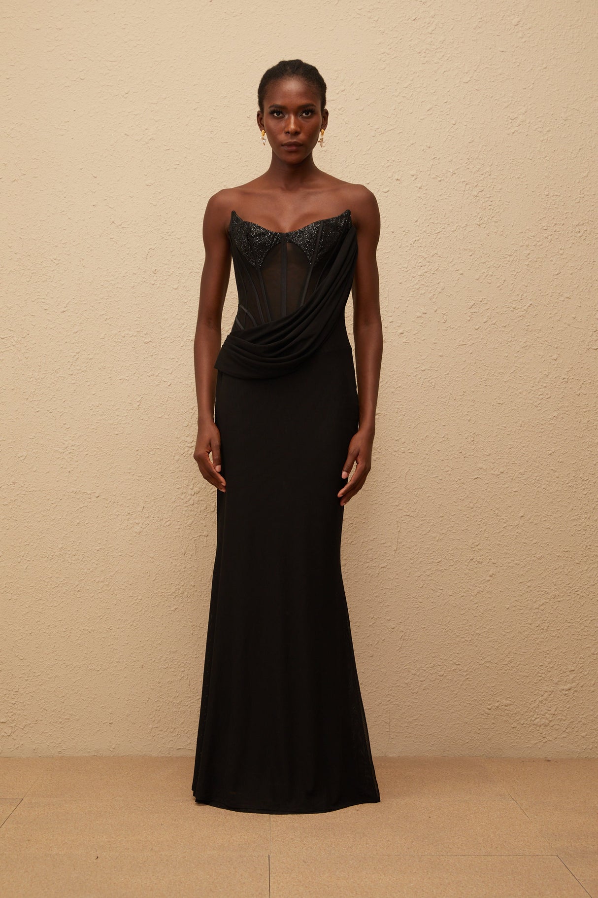 Aurohaya Scarlett Black Panelled Corset Maxi Dress