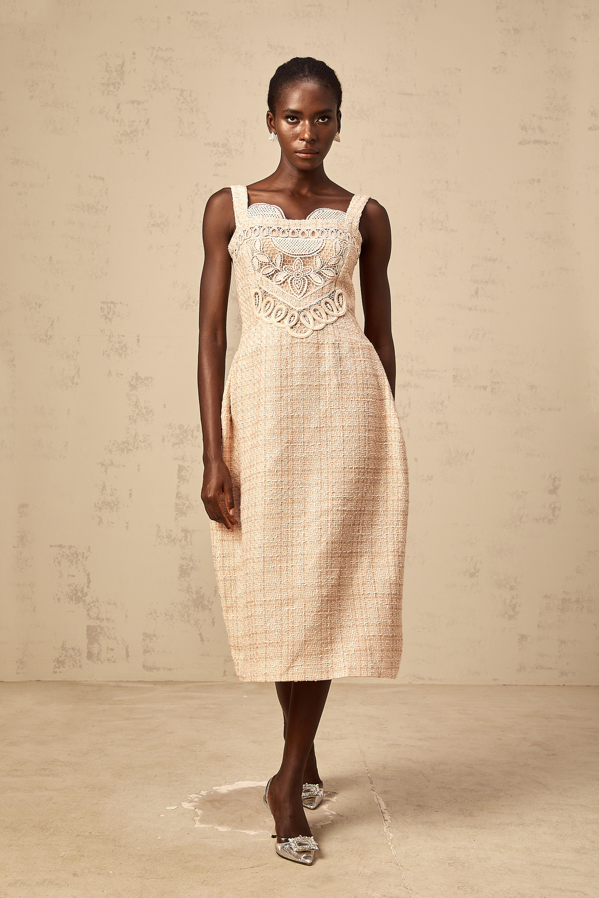 Aurohaya Véronica neutrals interwoven embroidered mini dress