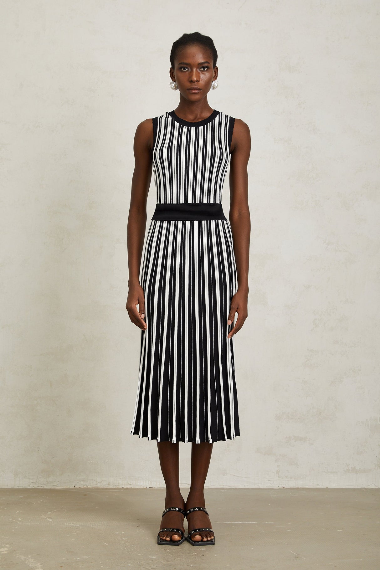 Aurohaya Capucine Black Vertical Striped Knit Midi Dress