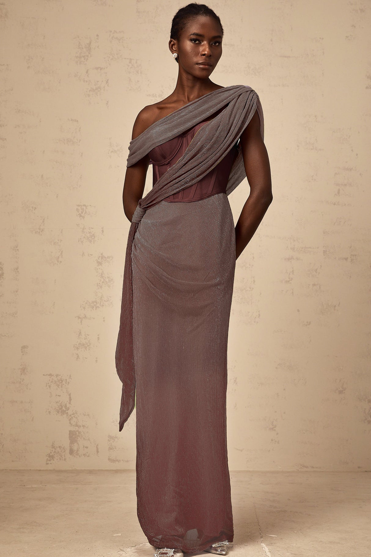Aurohaya Delphine ribbon-design corset maxi dress in Brown