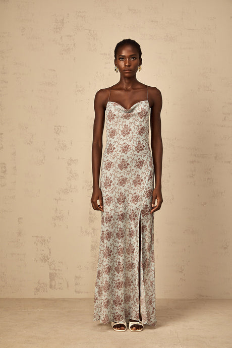 Aurohaya Honorine Blue Sleeveless Floral Print Maxi Dress