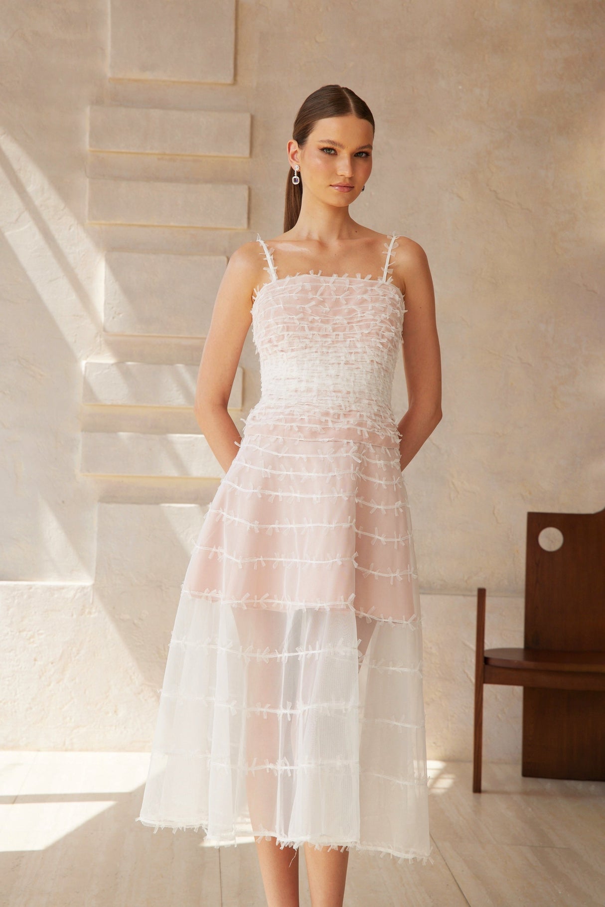 Aurohaya Eléonore White Creased Tulle Midi Dress