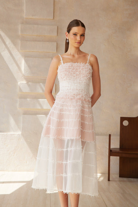 Aurohaya Eléonore White Creased Tulle Midi Dress