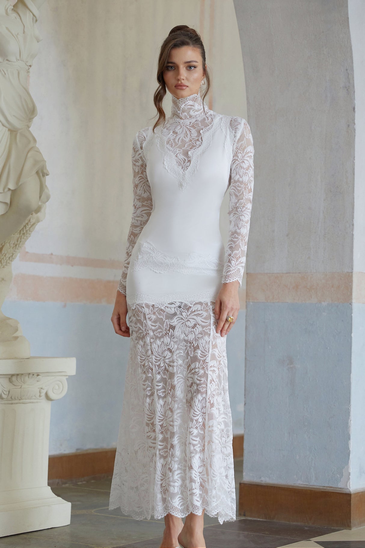 Aurohaya Airelle White Satin Panel Lace Maxi Dress