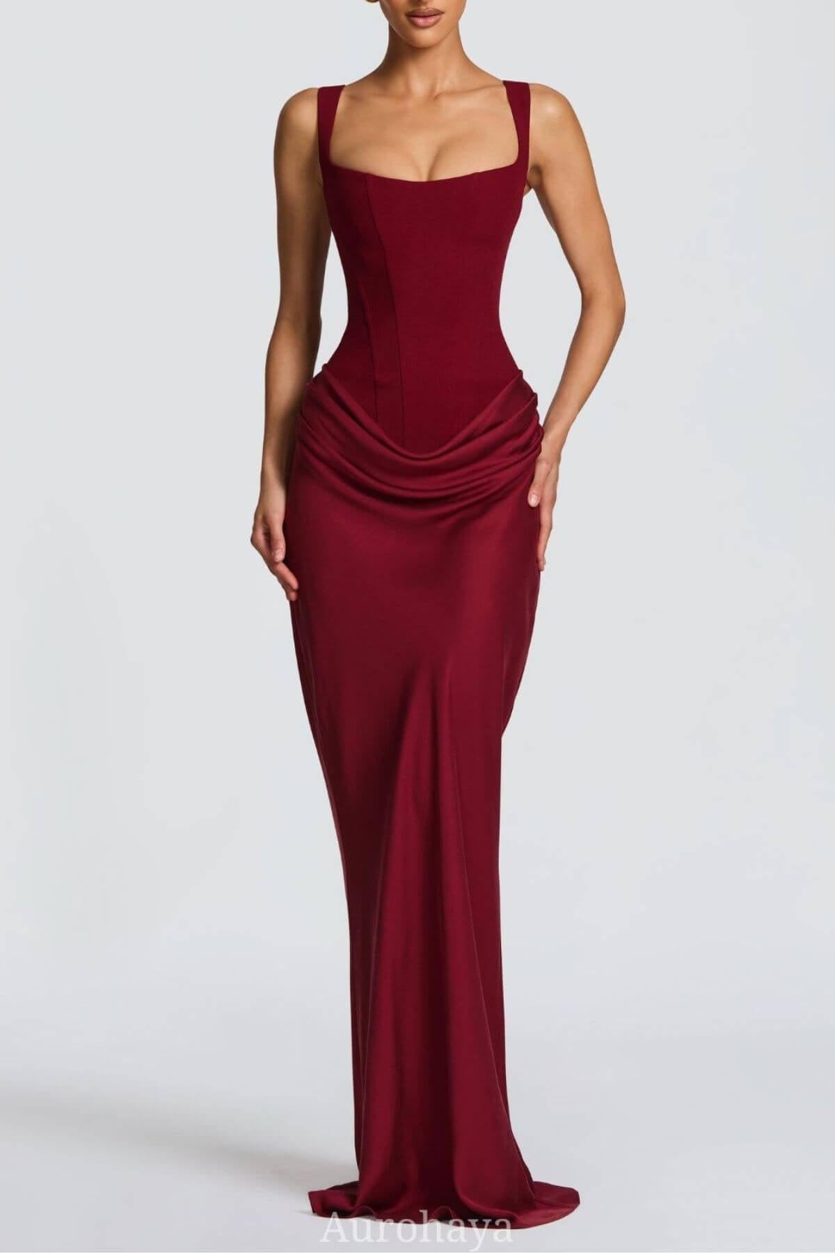 Hortense Square Neck Corset Maxi Dress / Red