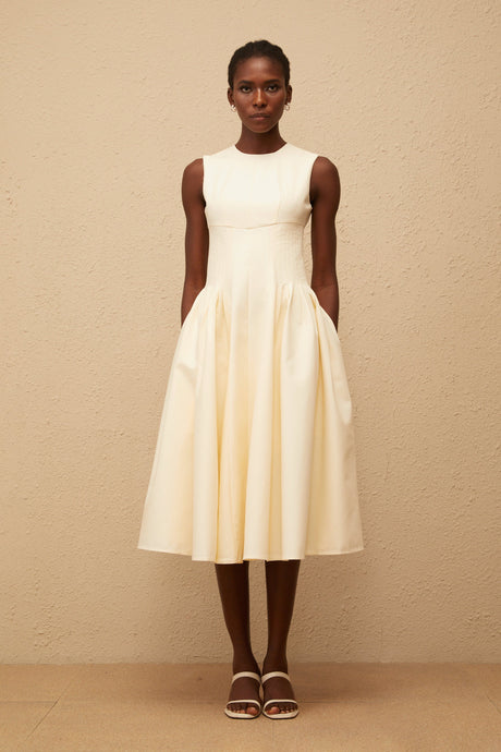 Aurohaya Velours Neutral Voluminous Midi Dress