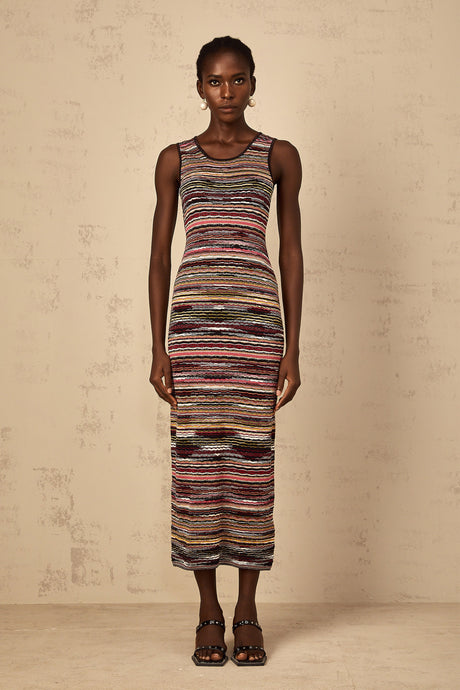 Aurohaya Quentin Purple Striped Crochet Knit Midi Dress