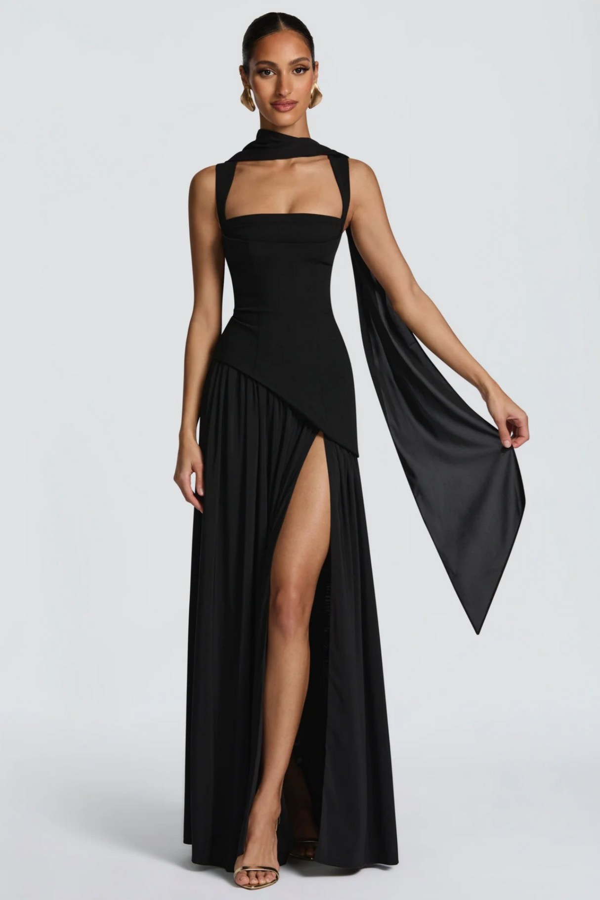 Aurohaya Sidonie Black Asymmetrical Maxi Gown