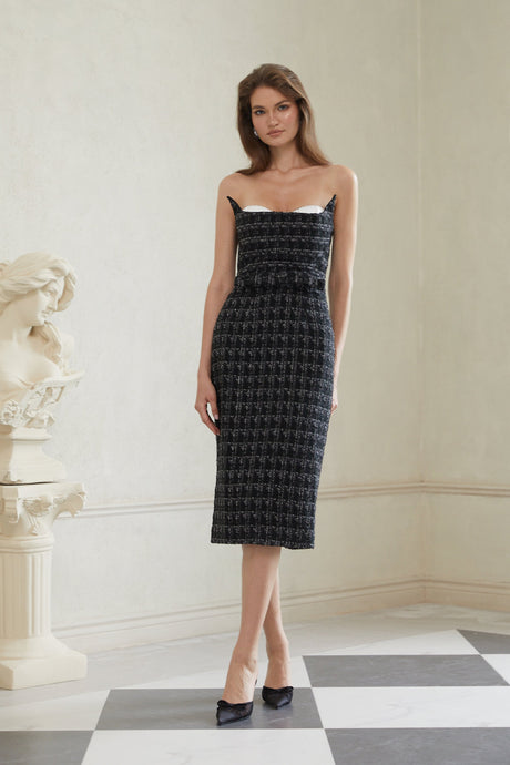 Aurohaya Rauha Black Plaid Weave Tweed Midi Dress