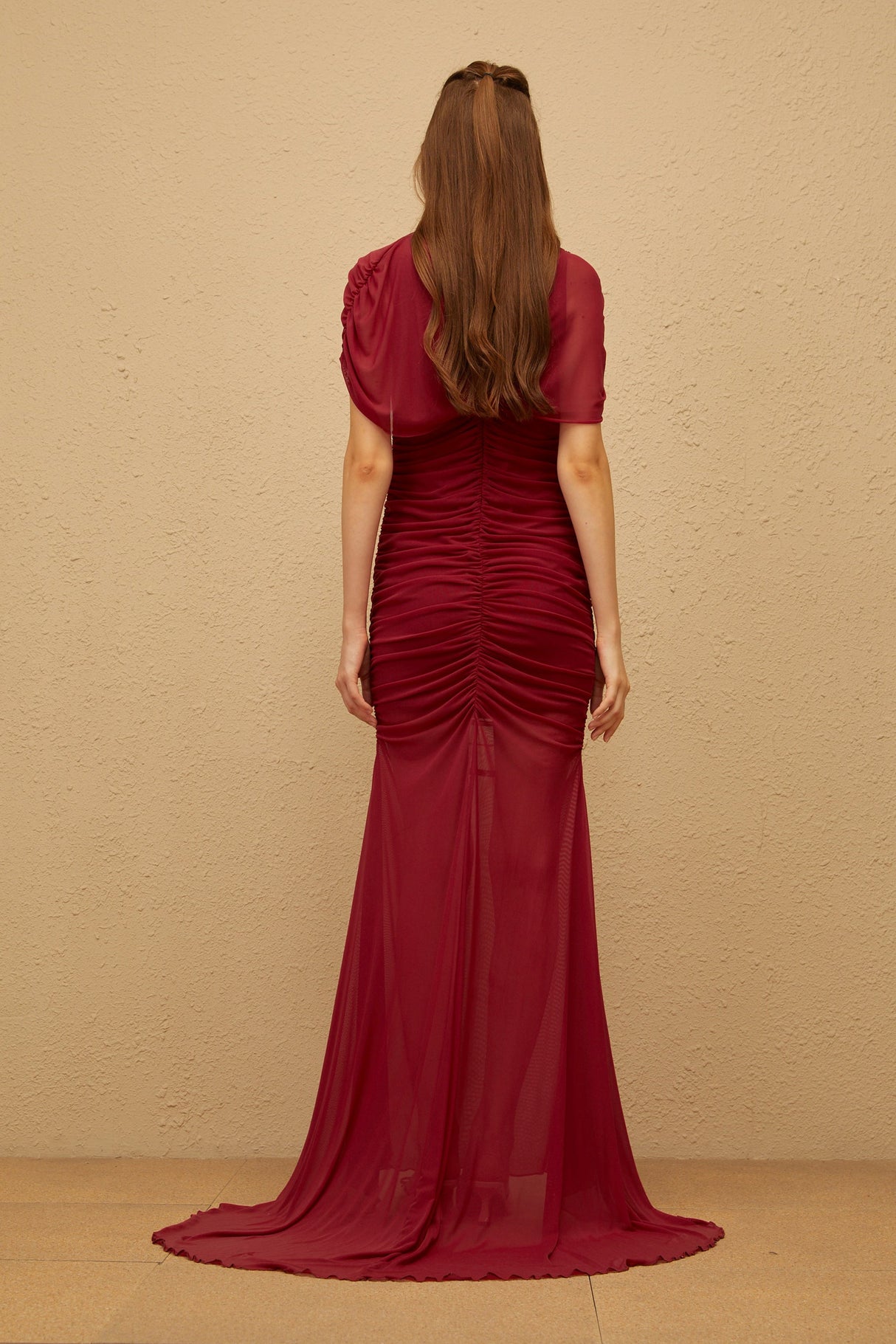 Aurohaya Sylphe Red Asymmetrical Ruched Mesh Maxi Dress