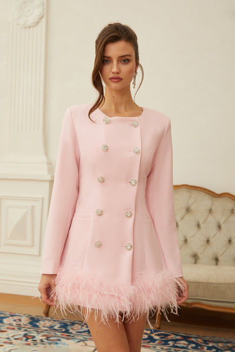 Aurohaya Freja Pink Feather Trim Mini Blazer Dress