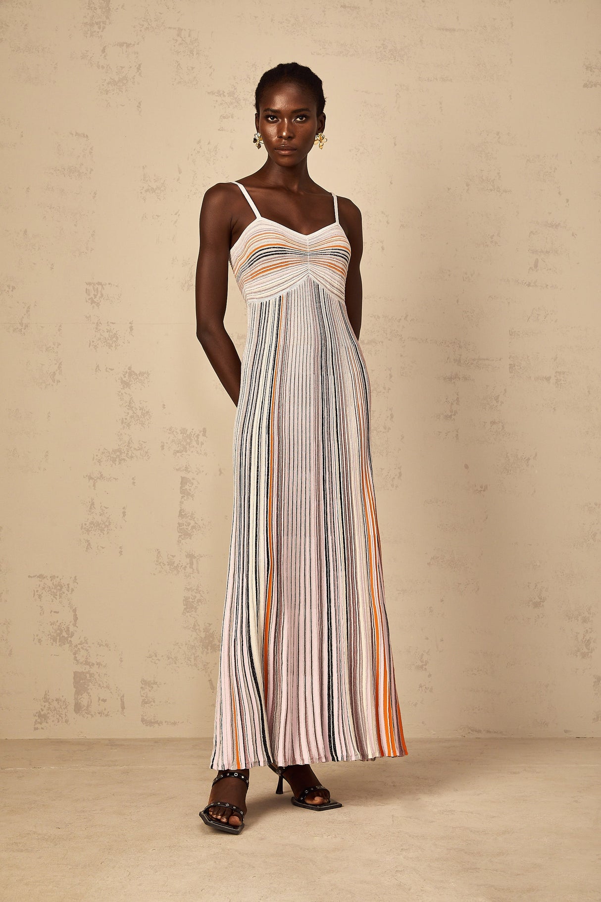 Aurohaya Bruyère Neutral Sequin Striped Knit Maxi Dress