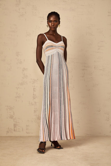 Aurohaya Bruyère Neutral Sequin Striped Knit Maxi Dress