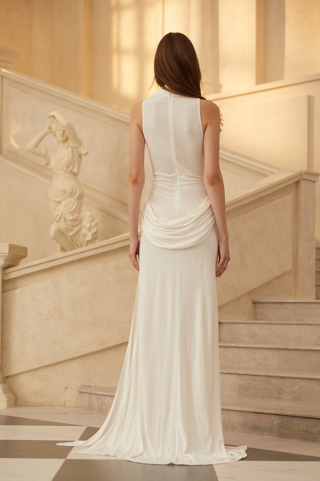 Aurohaya Mystérieuse White Turtleneck Draped Maxi Dress