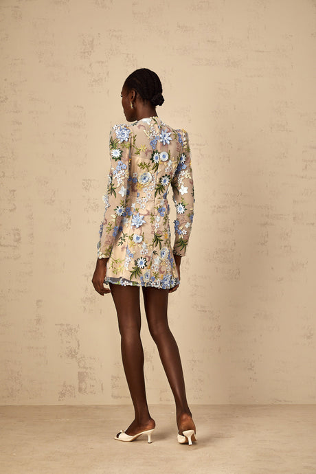 Aurohaya Jolien Blue Floral Appliqué Embroidered Tulle Mini Dress