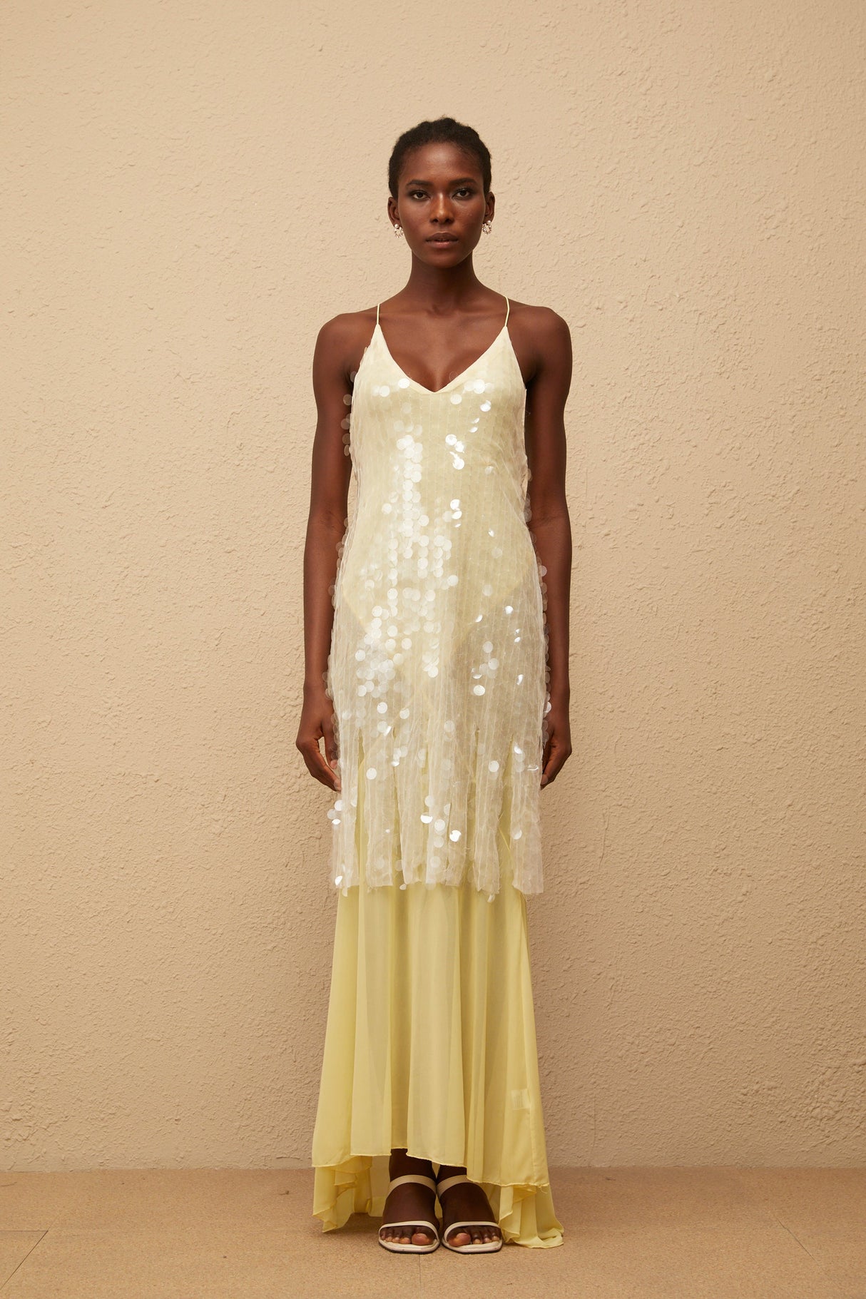 Aurohaya Joyau Yellow Sequin Mesh Maxi Dress