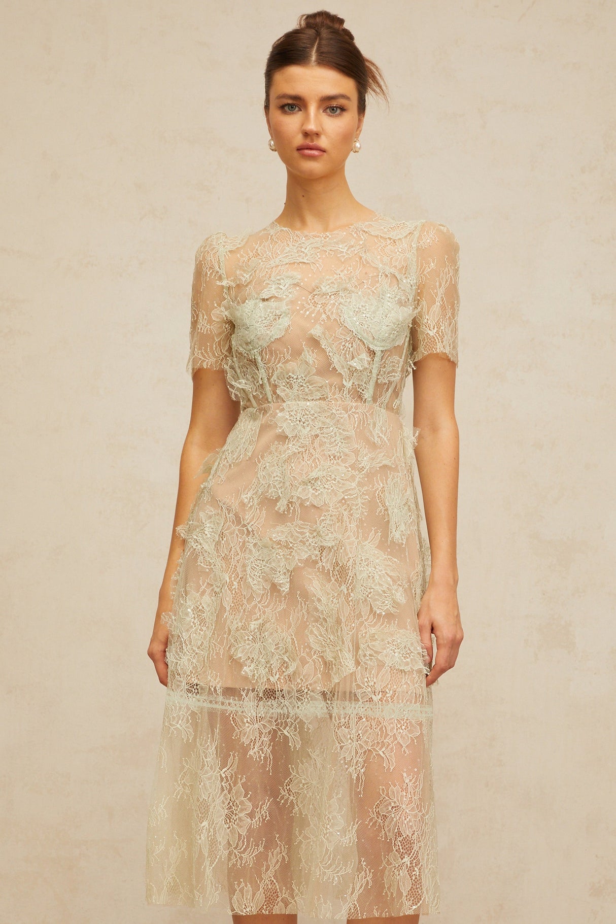 Aurohaya Xaviera mint-green floral-lace midi dress